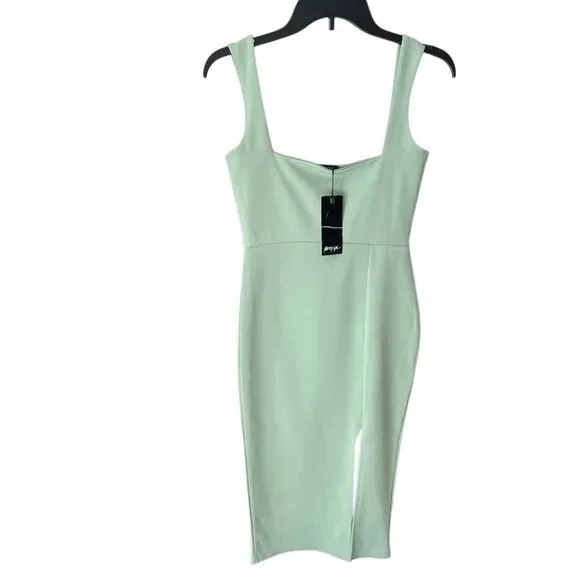 Nasty Gal Square Neck Split Hem Midi Sage Dress Size 4 - Picture 3 of 16